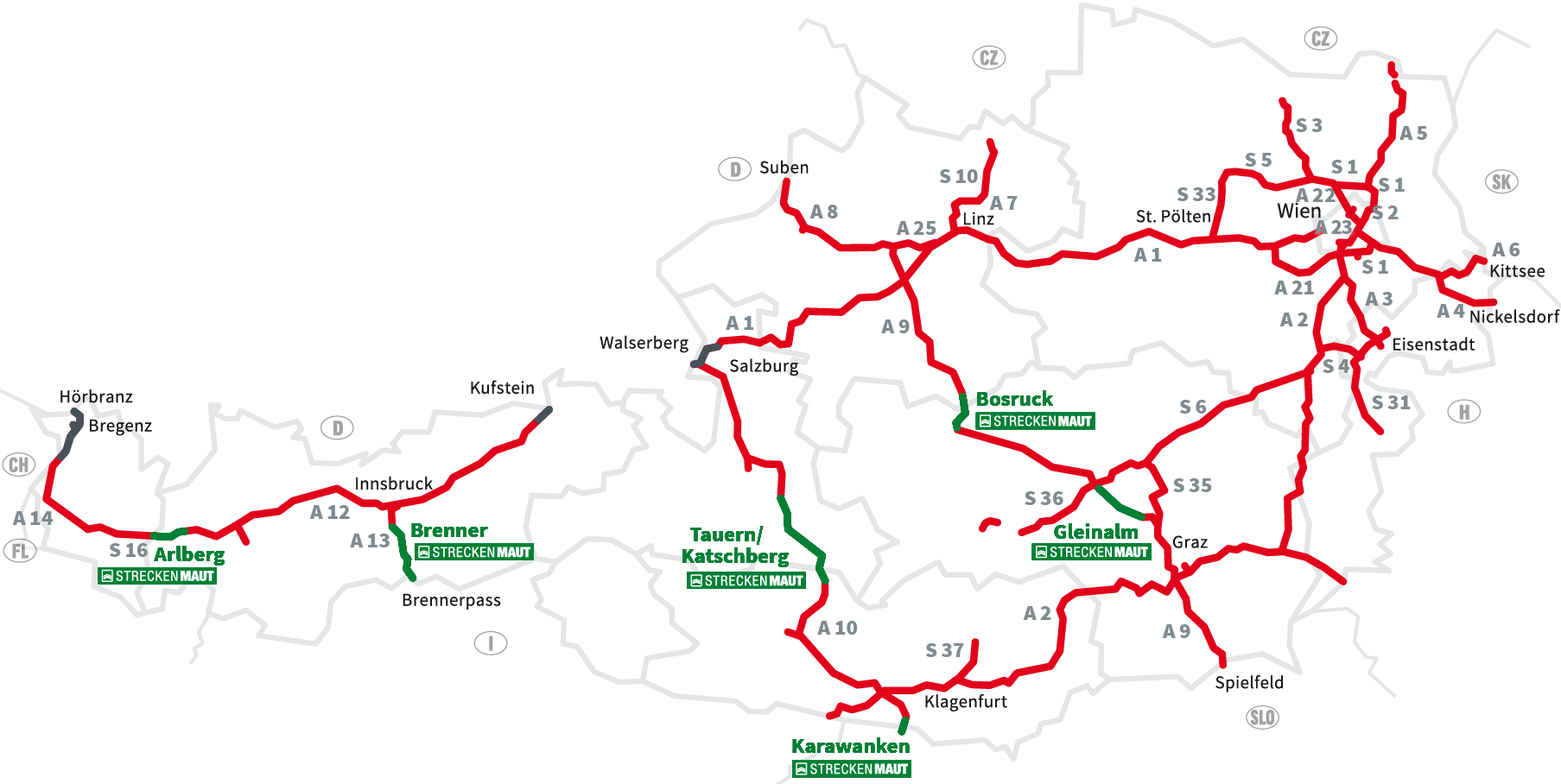 Map of toll motorways and expressways in Austria with the red logo of the digital vignette and the green logo of the digital section toll. Sections subject to the vignette obligation are red. The six section toll segments are highlighted in green: S 16 Arlberg, A 13 Brenner, A 10 Tauern, A 11 Karawanken, A 9 Bosruck and Gleinalm. You will need a section toll ticket here. 