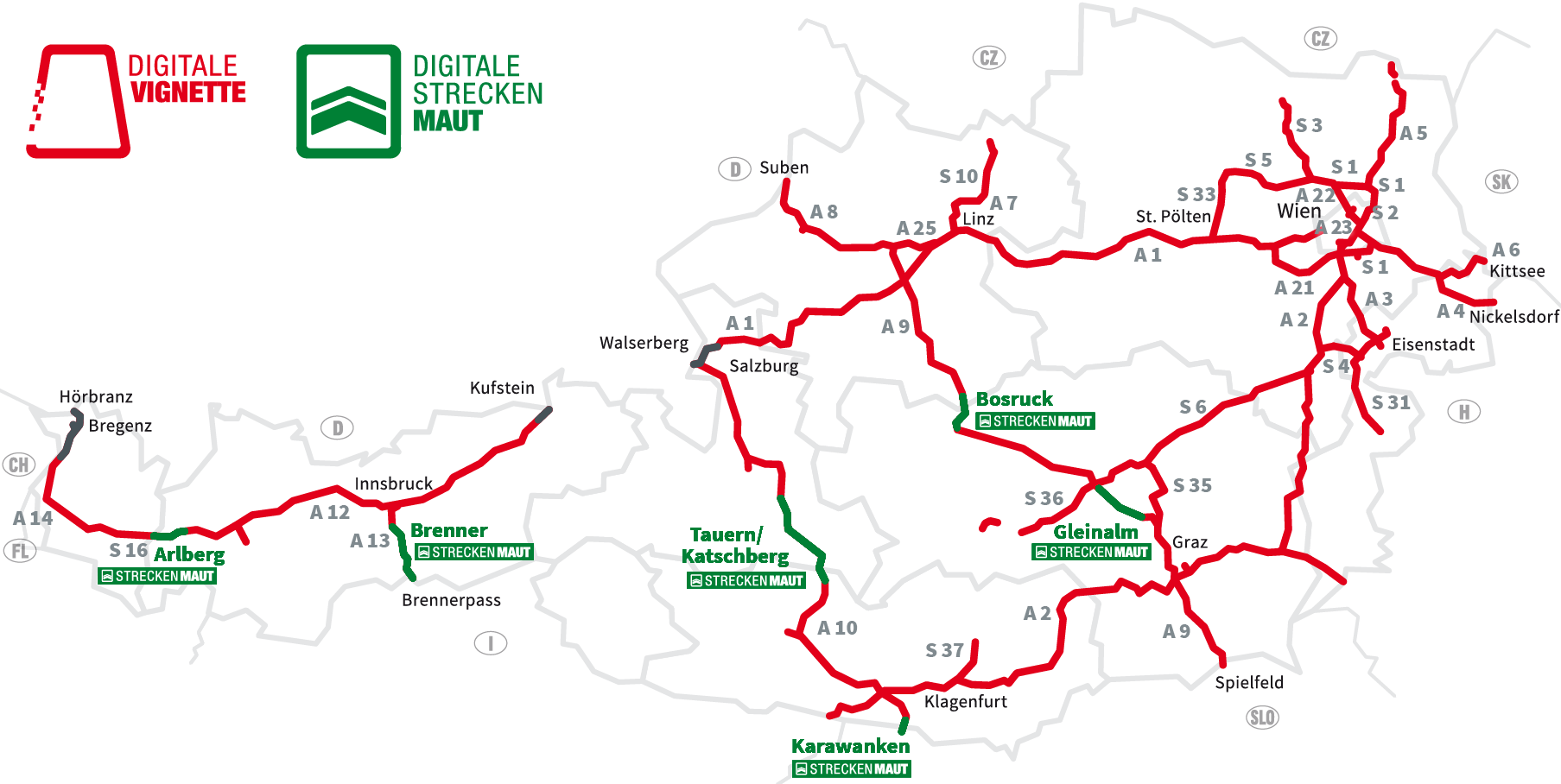 Map of toll motorways and expressways in Austria with the red logo of the digital vignette and the green logo of the digital section toll. Sections subject to the vignette obligation are red. The six section toll segments are highlighted in green: S 16 Arlberg, A 13 Brenner, A 10 Tauern, A 11 Karawanken, A 9 Bosruck and Gleinalm. You will need a section toll ticket here. 