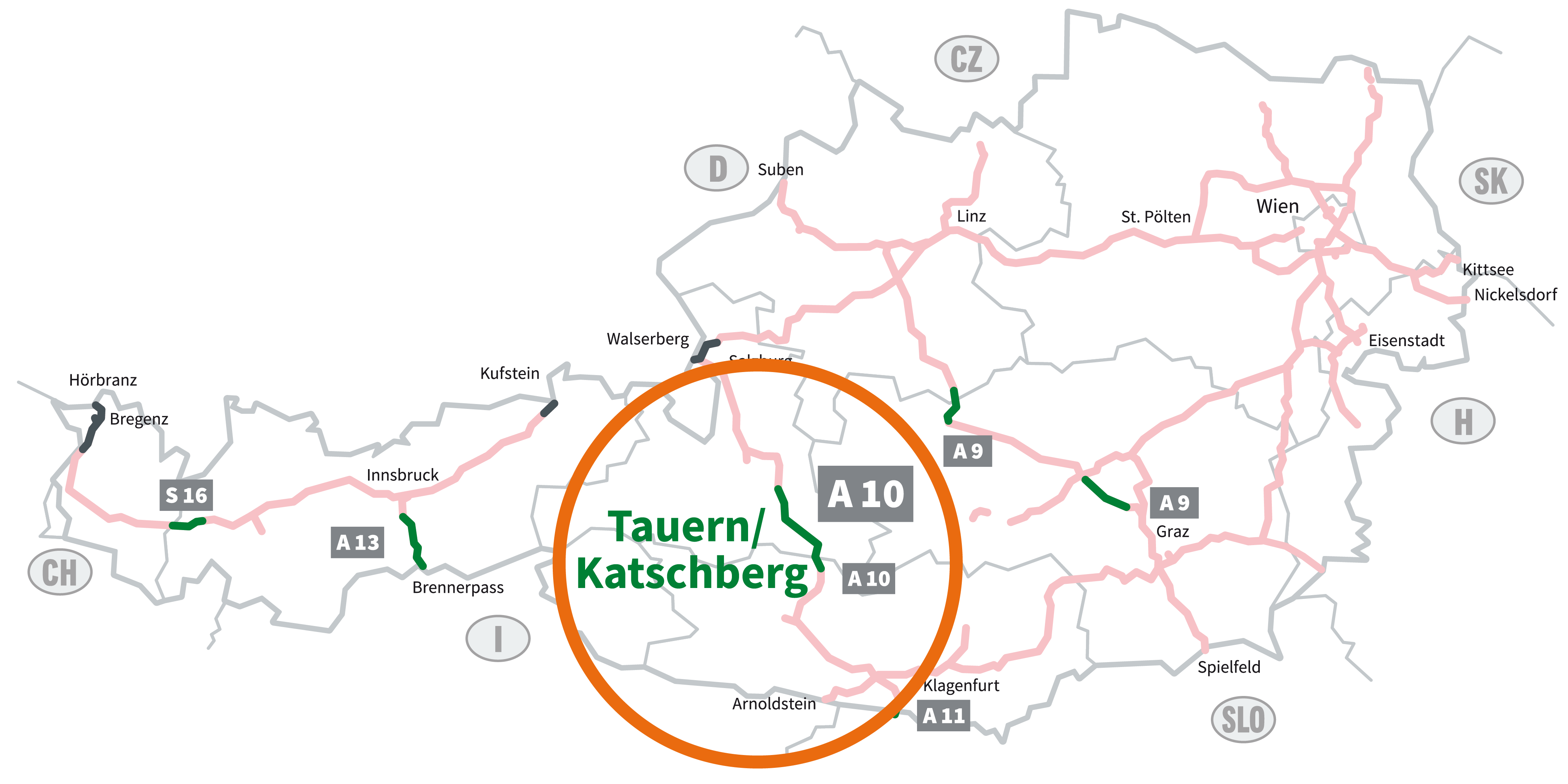Graphic of the motorways and expressways subject to tolls in Austria with green logo of the digital section toll FLEX. Sections subject to vignette payment are marked in light red. The six section toll segments are highlighted in green: S 16 Arlberg, A 13 Brenner, A 10 Tauern, A 11 Karawanken, A 9 Bosruck and Gleinalm. You will need a section toll ticket here. The area around the segment subject to section tolls on the A 10 Tauern motorway is circled. 