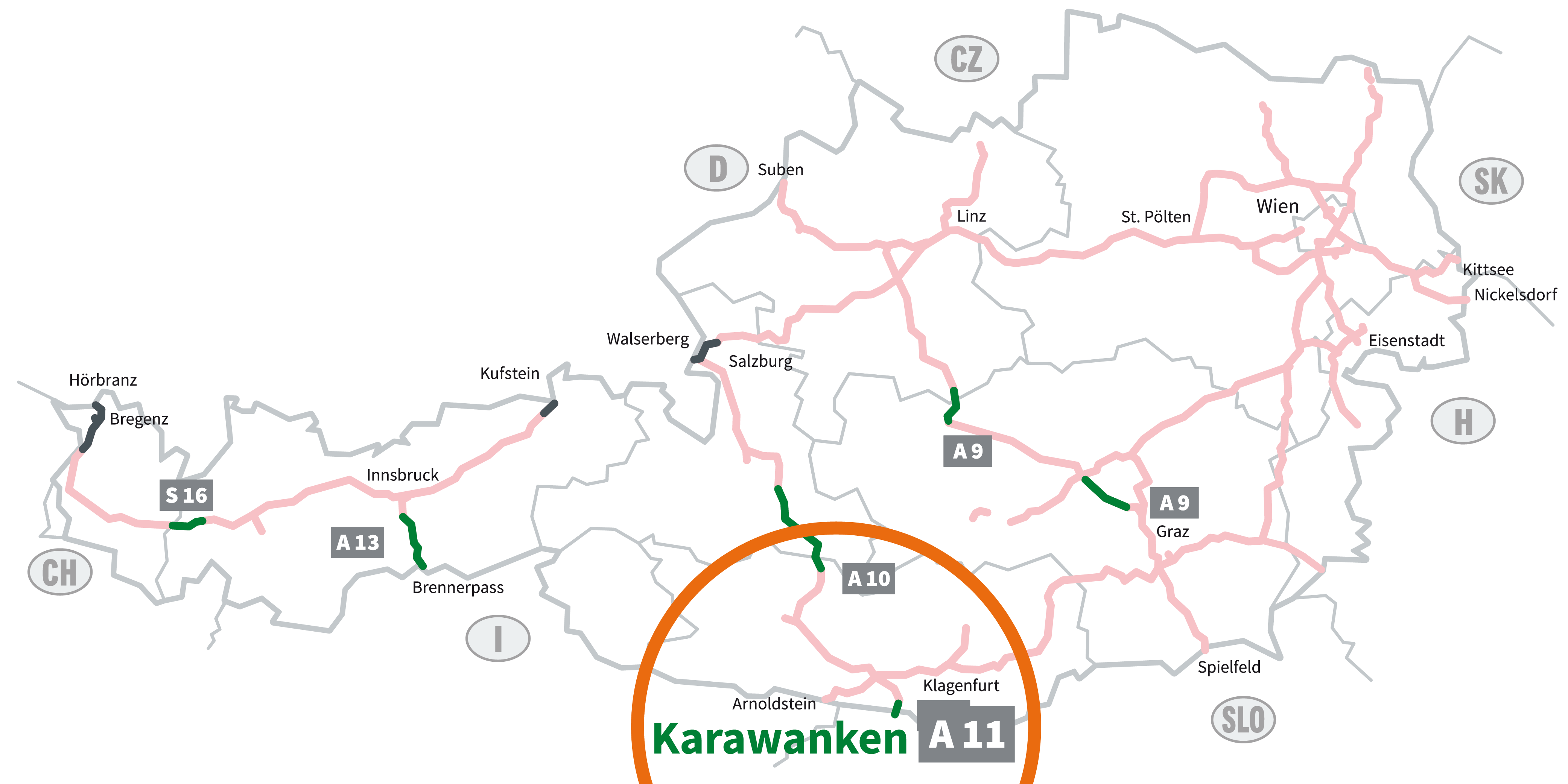 Graphic of the motorways and expressways subject to tolls in Austria with green logo of the digital section toll FLEX. Sections subject to vignette payment are marked in light red. The six section toll segments are highlighted in green: S 16 Arlberg, A 13 Brenner, A 10 Tauern, A 11 Karawanken, A 9 Bosruck and Gleinalm. You will need a section toll ticket here. The area around the segment subject to section tolls on the A 11 Karawanken motorway is circled. 