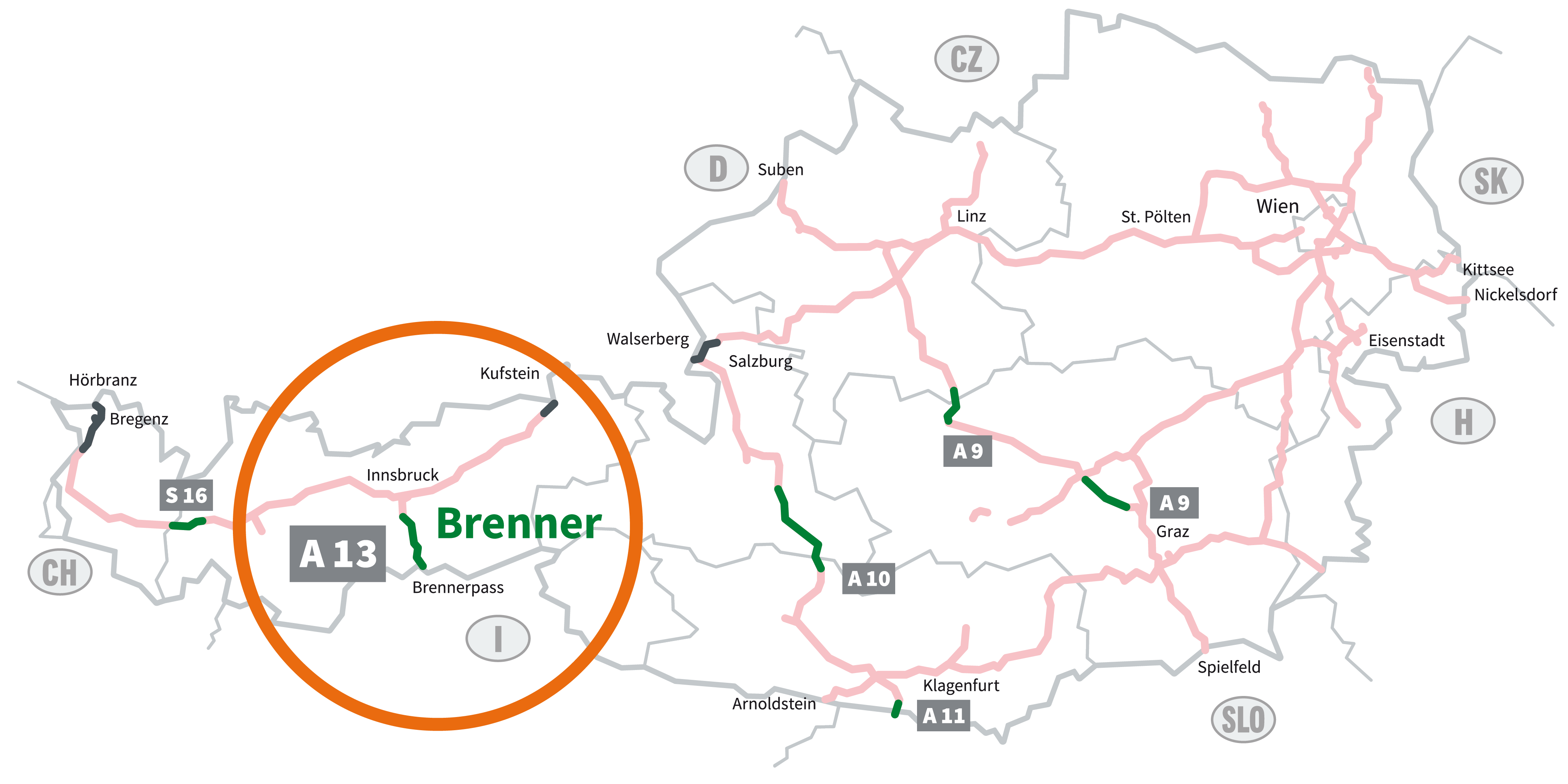 Graphic of the motorways and expressways subject to tolls in Austria with green logo of the digital section toll FLEX. Sections subject to vignette payment are marked in light red. The six section toll segments are highlighted in green: S 16 Arlberg, A 13 Brenner, A 10 Tauern, A 11 Karawanken, A 9 Bosruck and Gleinalm. You will need a section toll ticket here.  The area around the segment subject to section tolls on the A 13 Brenner motorway is circled. 