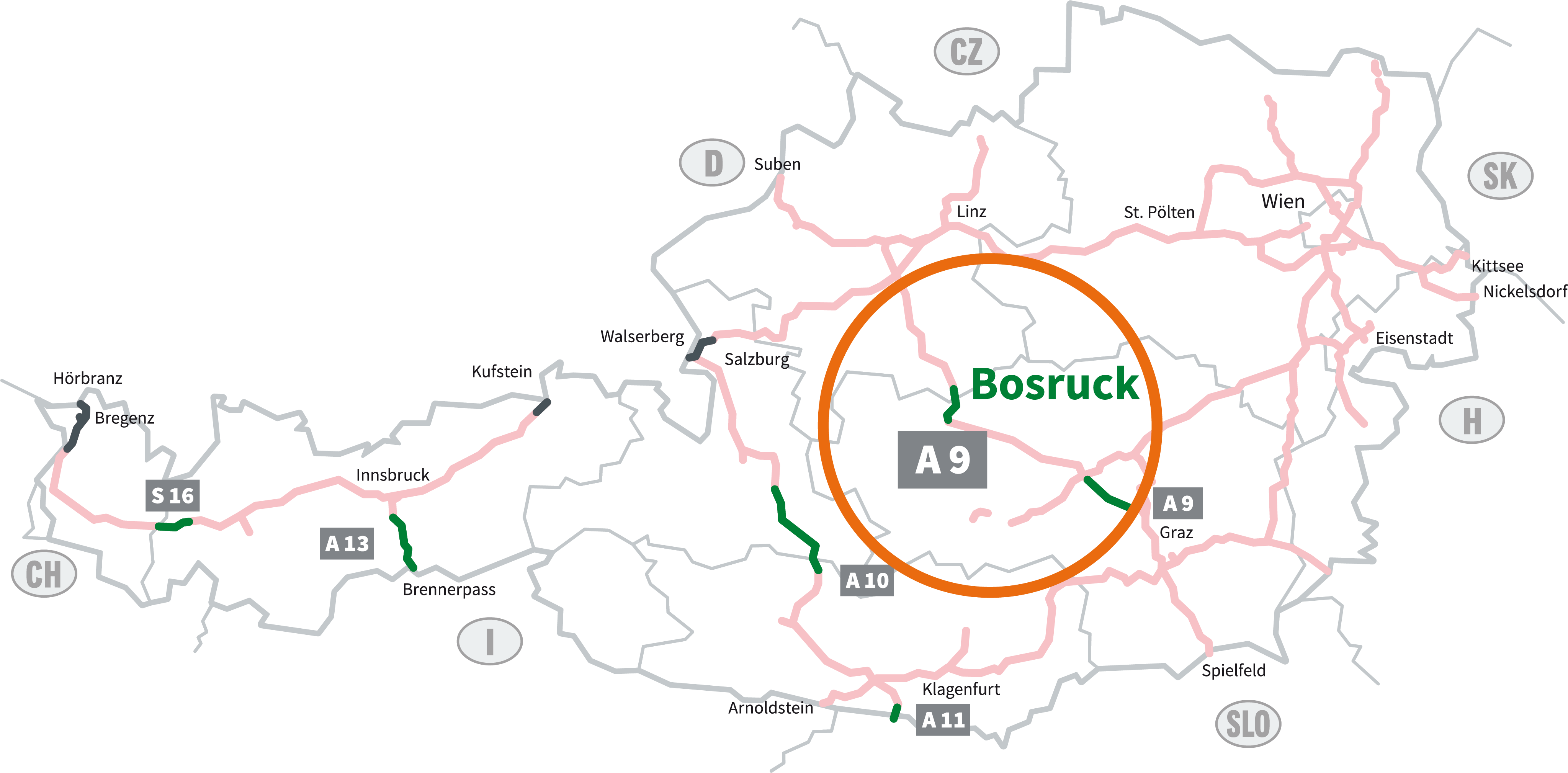Graphic of the motorways and expressways subject to tolls in Austria with green logo of the digital section toll FLEX. Sections subject to vignette payment are marked in light red. The six section toll segments are highlighted in green: S 16 Arlberg, A 13 Brenner, A 10 Tauern, A 11 Karawanken, A 9 Bosruck and Gleinalm. You will need a section toll ticket here. The area around the Bosruck segment subject to section tolls on the A 9 Phyrn motorway is circled. 