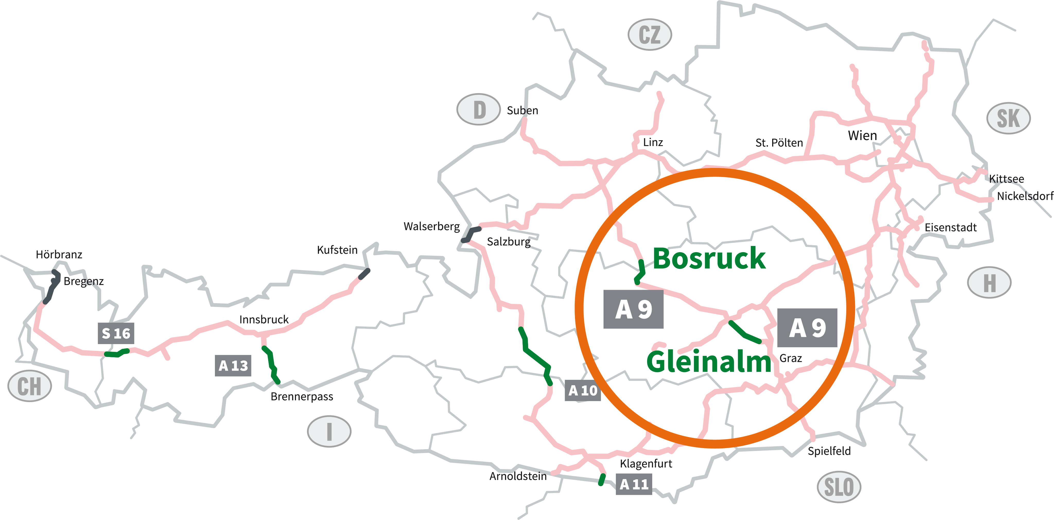 Graphic of the motorways and expressways subject to tolls in Austria with green logo of the digital section toll FLEX. Sections subject to vignette payment are marked in light red. The six section toll segments are highlighted in green: S 16 Arlberg, A 13 Brenner, A 10 Tauern, A 11 Karawanken, A 9 Bosruck and Gleinalm. You will need a section toll ticket here. The area around the segment subject to section tolls on the A 9 Phyrn motorway is circled. 