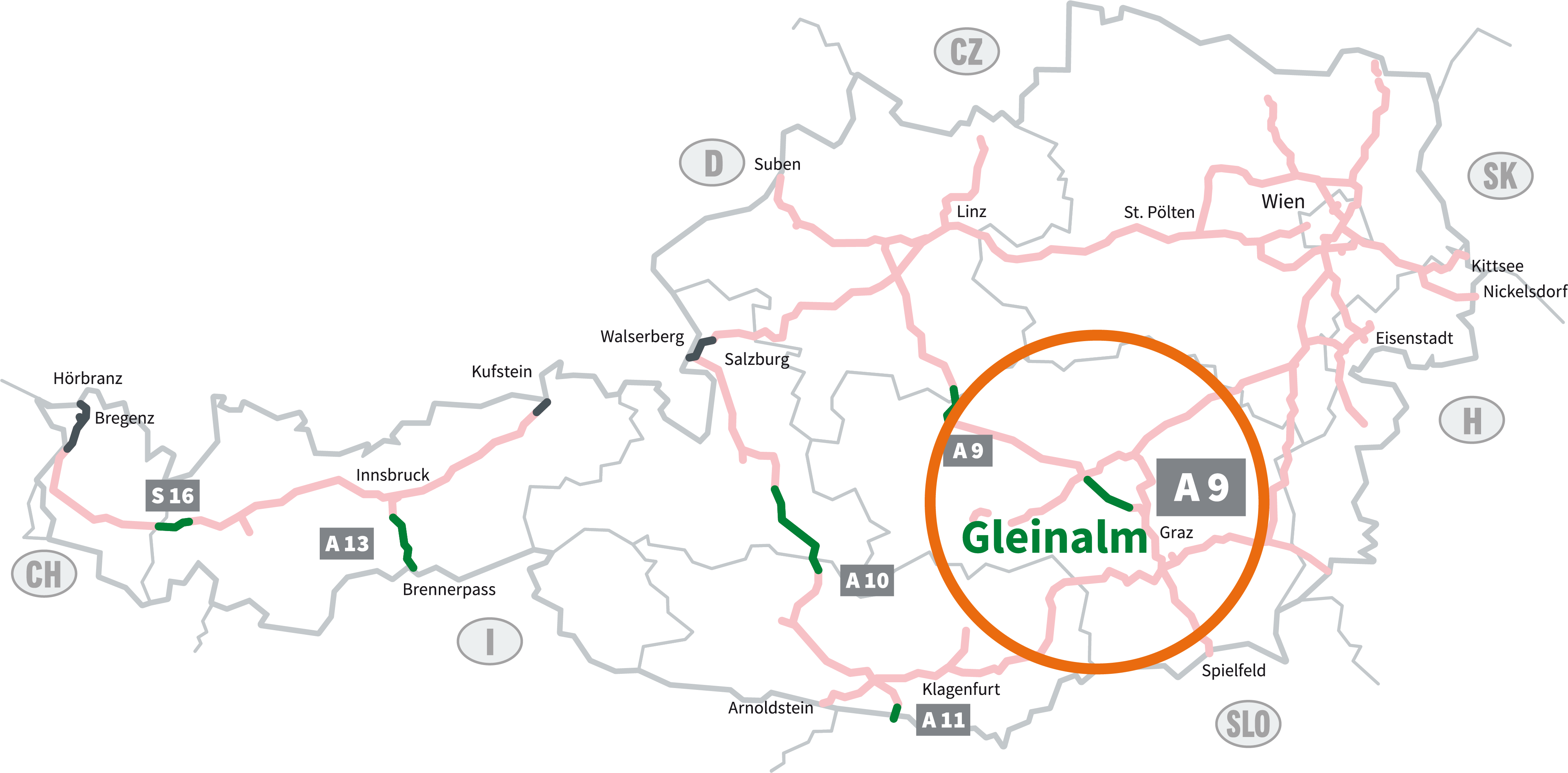 Graphic of the motorways and expressways subject to tolls in Austria with green logo of the digital section toll FLEX. Sections subject to vignette payment are marked in light red. The six section toll segments are highlighted in green: S 16 Arlberg, A 13 Brenner, A 10 Tauern, A 11 Karawanken, A 9 Bosruck and Gleinalm. You will need a section toll ticket here. The area around the Gleinalm segment subject to section tolls on the A 9 Phyrn motorway is circled. 