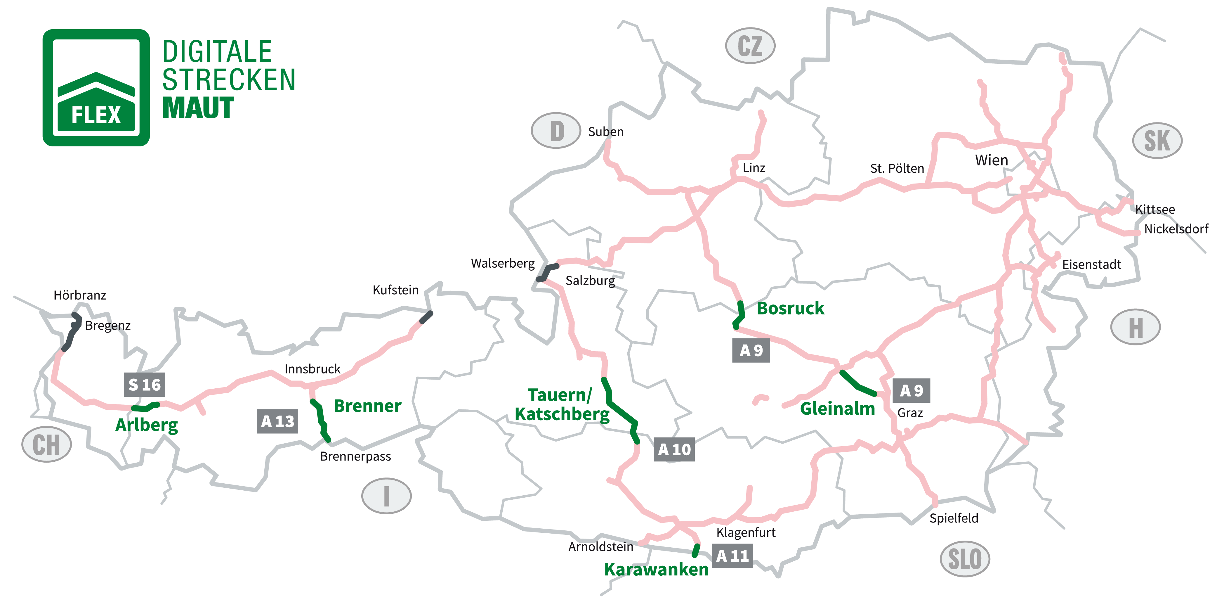 Graphic of the motorways and expressways subject to tolls in Austria with green logo of the digital section toll FLEX. Sections subject to vignette payment are marked in red. The six section toll segments are highlighted in green: S 16 Arlberg, A 13 Brenner, A 10 Tauern, A 11 Karawanken, A 9 Bosruck and Gleinalm. You will need a section toll ticket here. Click the image to activate FLEX.
