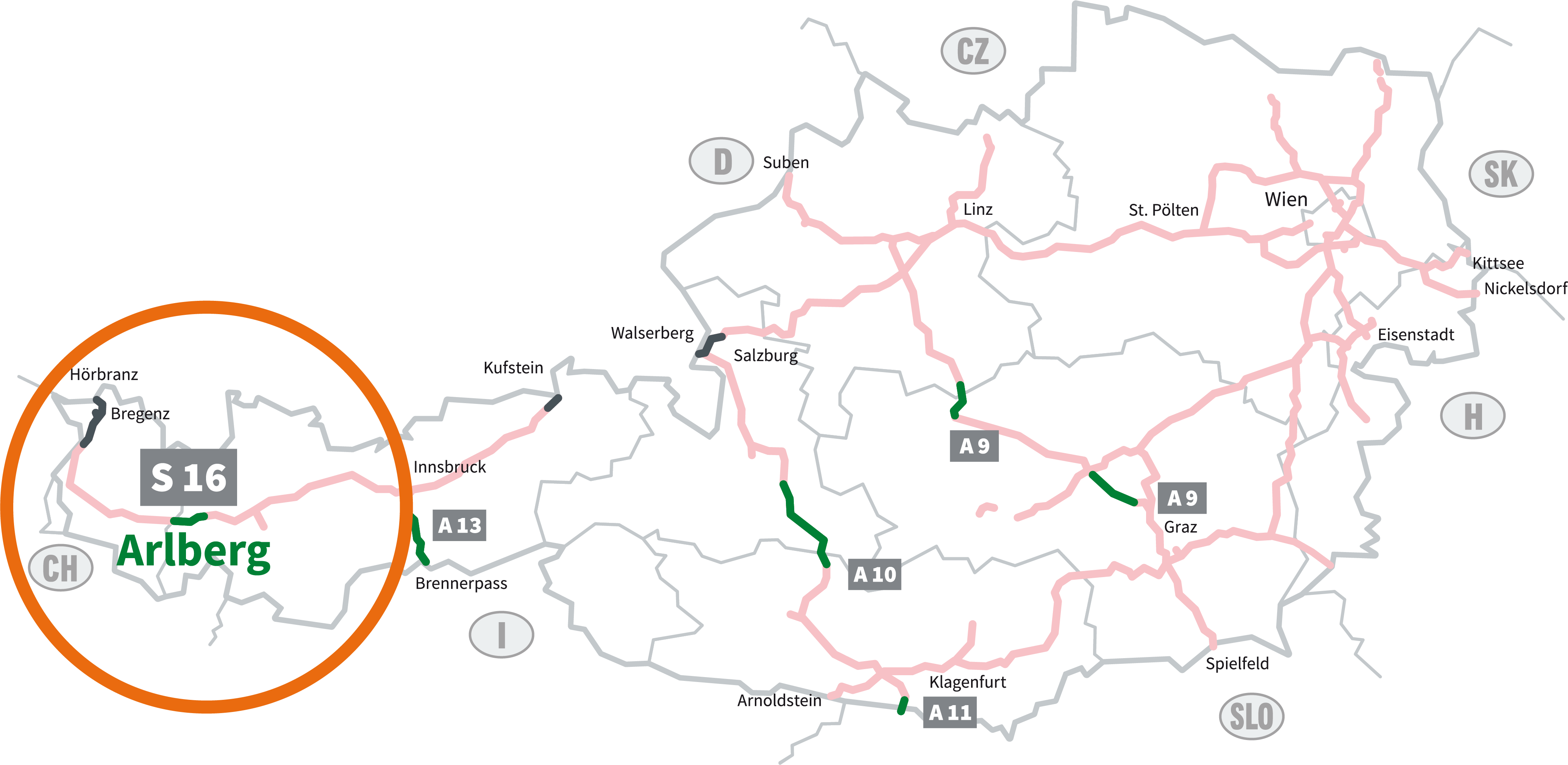 Graphic of the motorways and expressways subject to tolls in Austria with green logo of the digital section toll FLEX. Sections subject to vignette payment are marked in light right. The six section toll segments are highlighted in green: S 16 Arlberg, A 13 Brenner, A 10 Tauern, A 11 Karawanken, A 9 Bosruck and Gleinalm. You will need a section toll ticket here. The area around the segment subject to section tolls on the S 16 Arlberg expressway is circled. 